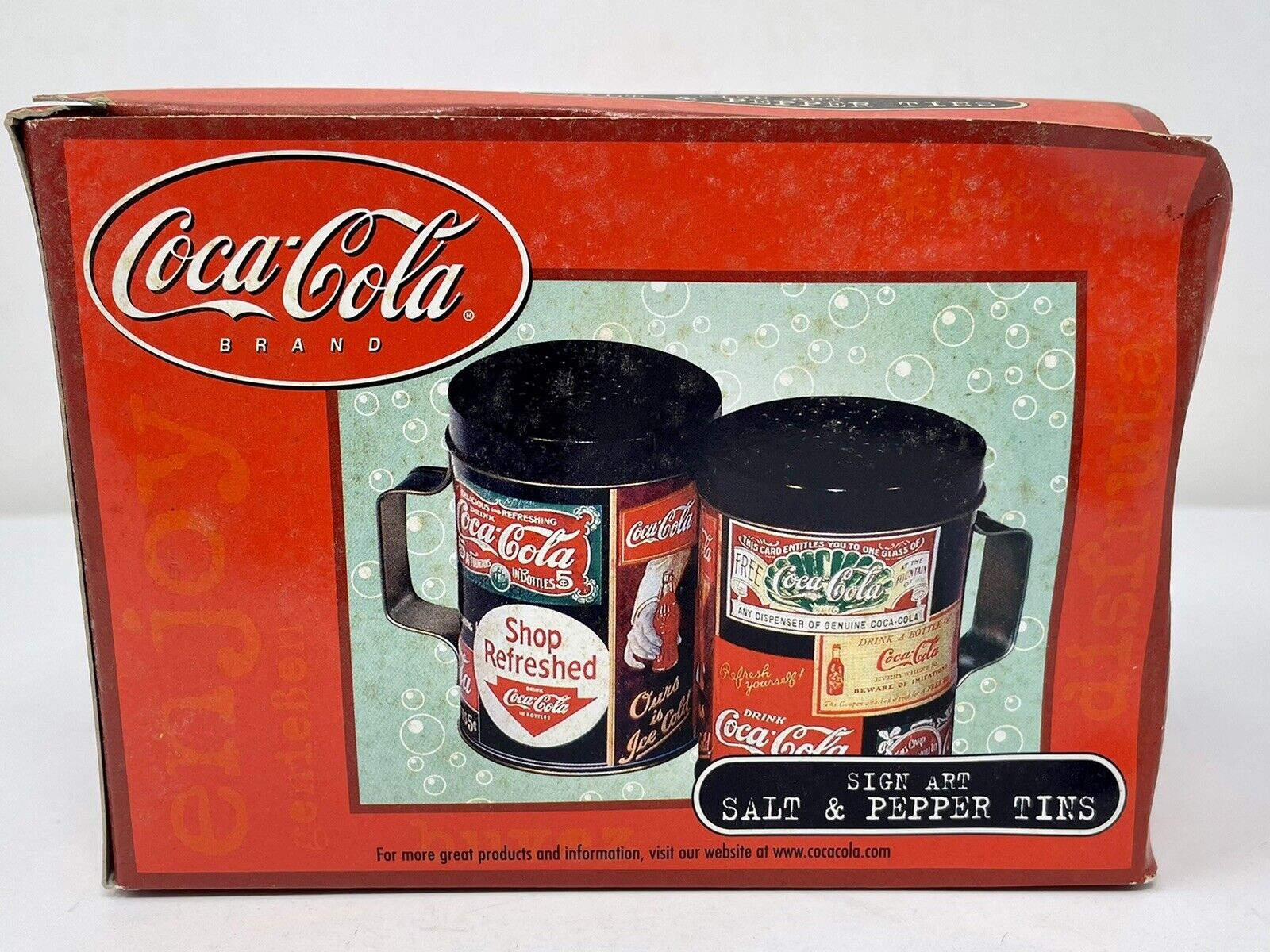 Vintage 2001 Coca Cola Sign Images Graphic Metal Salt & Pepper Shakers Tins Nos