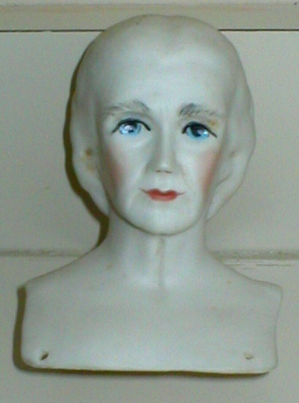 Vintage Porcelain Bisque Doll Head Of Old Woman, Hand Painted And Signed!