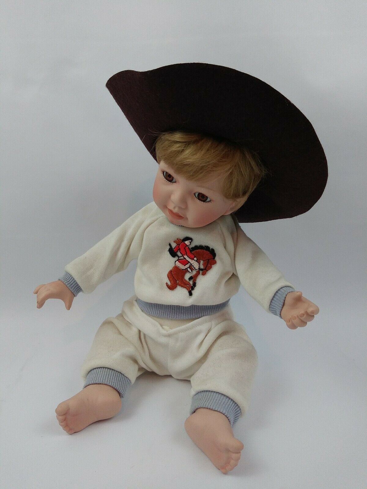 Mbi L Steele Blonde Boy Baby Doll Porcelain W/brown Hat Collectible 1992
