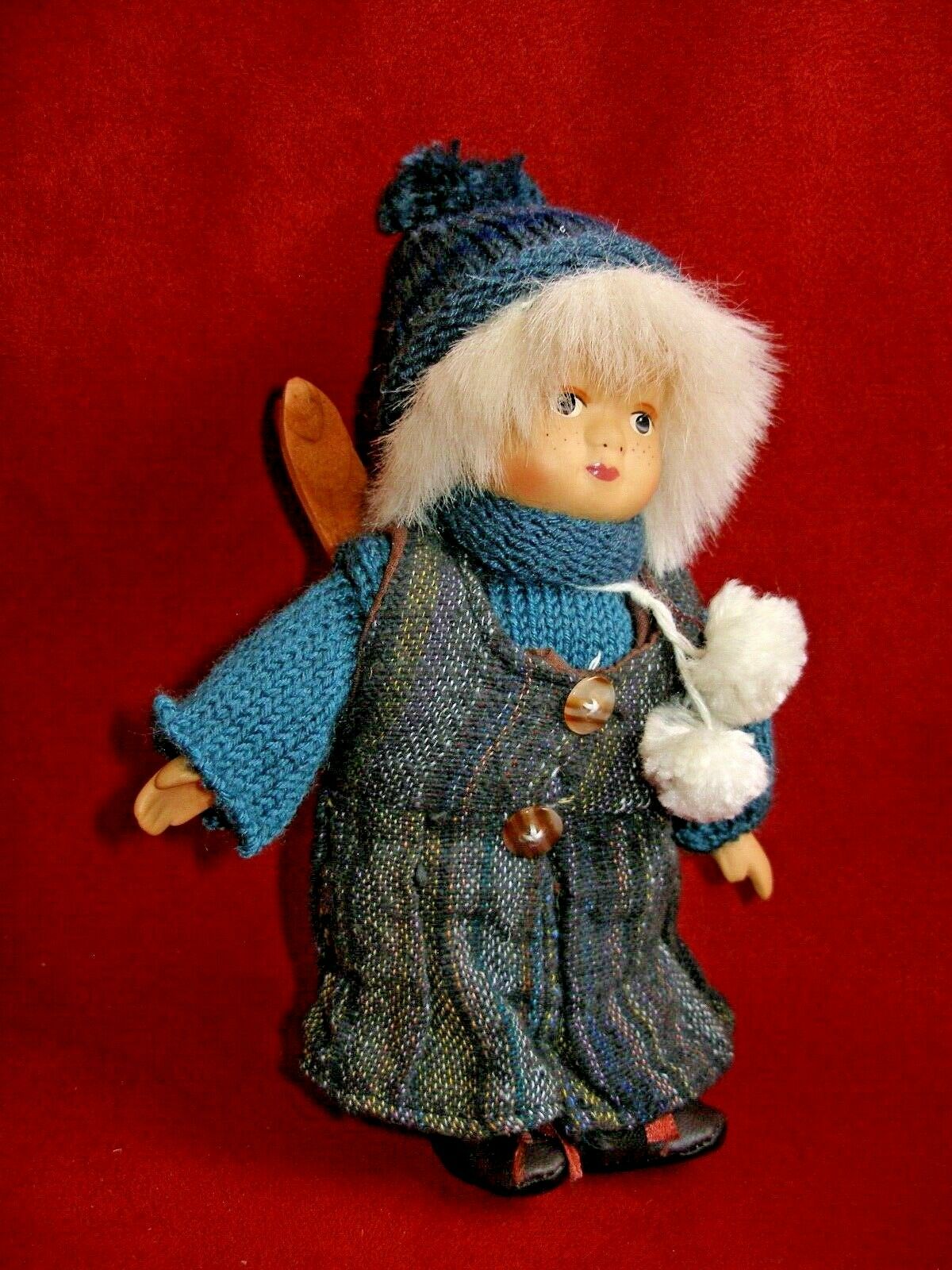Vintage Bisque & Cloth Doll With Skis. Knit Hat. 7".