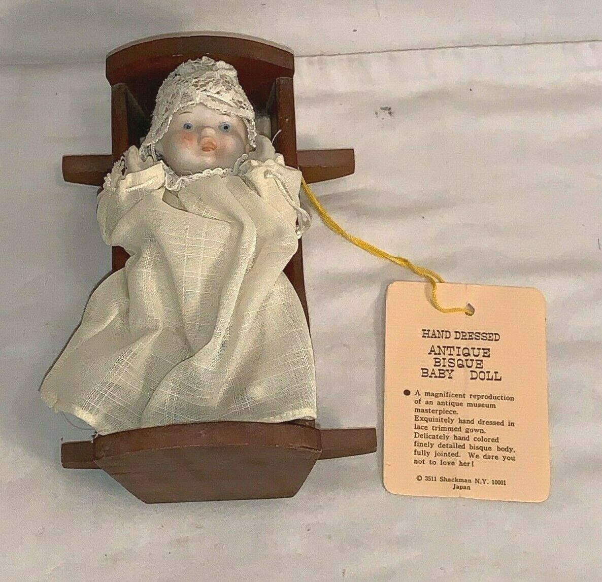 Vintage Shackman Wood Rocking Cradle + Hand Dressed Antique 5" Bisque Baby Doll