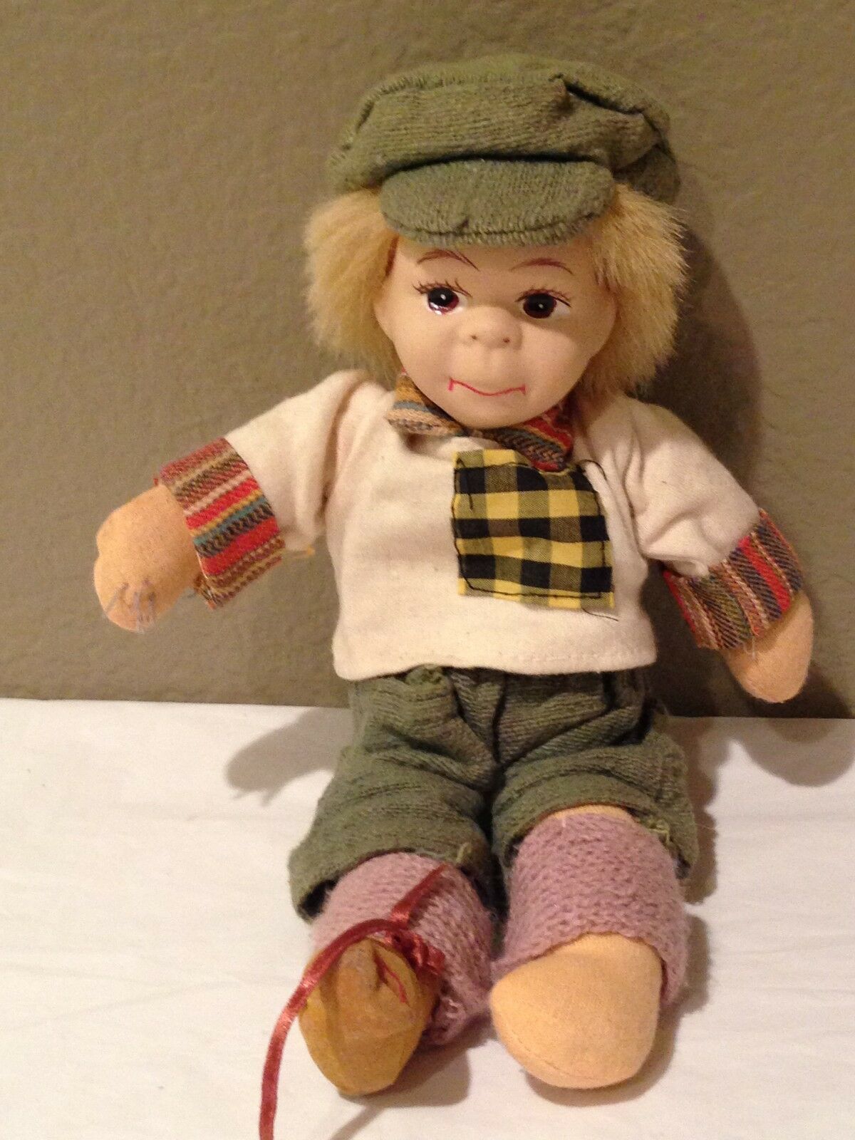 Vtg  Reproduction Peasant Boy Hand Painted Bisque Head And Cloth Body Doll 11"
