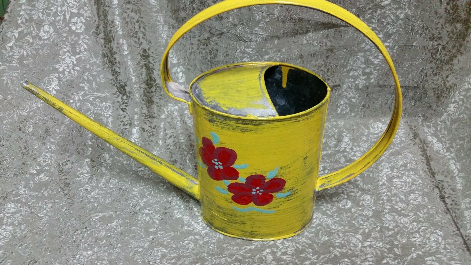 Galvanized Metal Watering Can Yellow W/ Red Flowers Hand Painted Enamel (107)