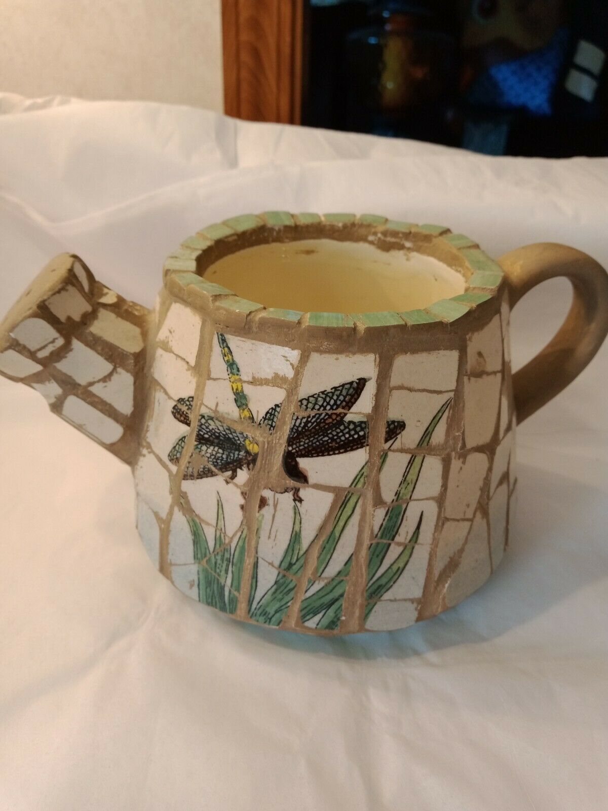 Pottery Watering Can Planterl Clay Dragonfly And Green Leaves