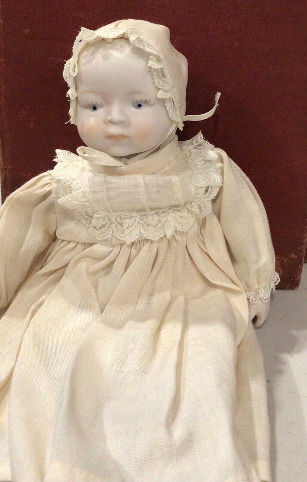 Vintage 9” Bisque Baby Doll - Bisque - Japan - Cloth Body - Christening Gown