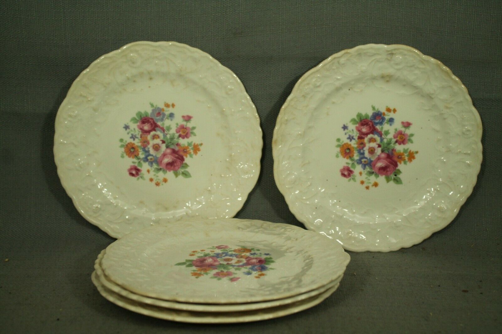 Lot 5 Antique Old 6 1/4" Bread Plates White/cream Flower Rose Point Pope Gosser