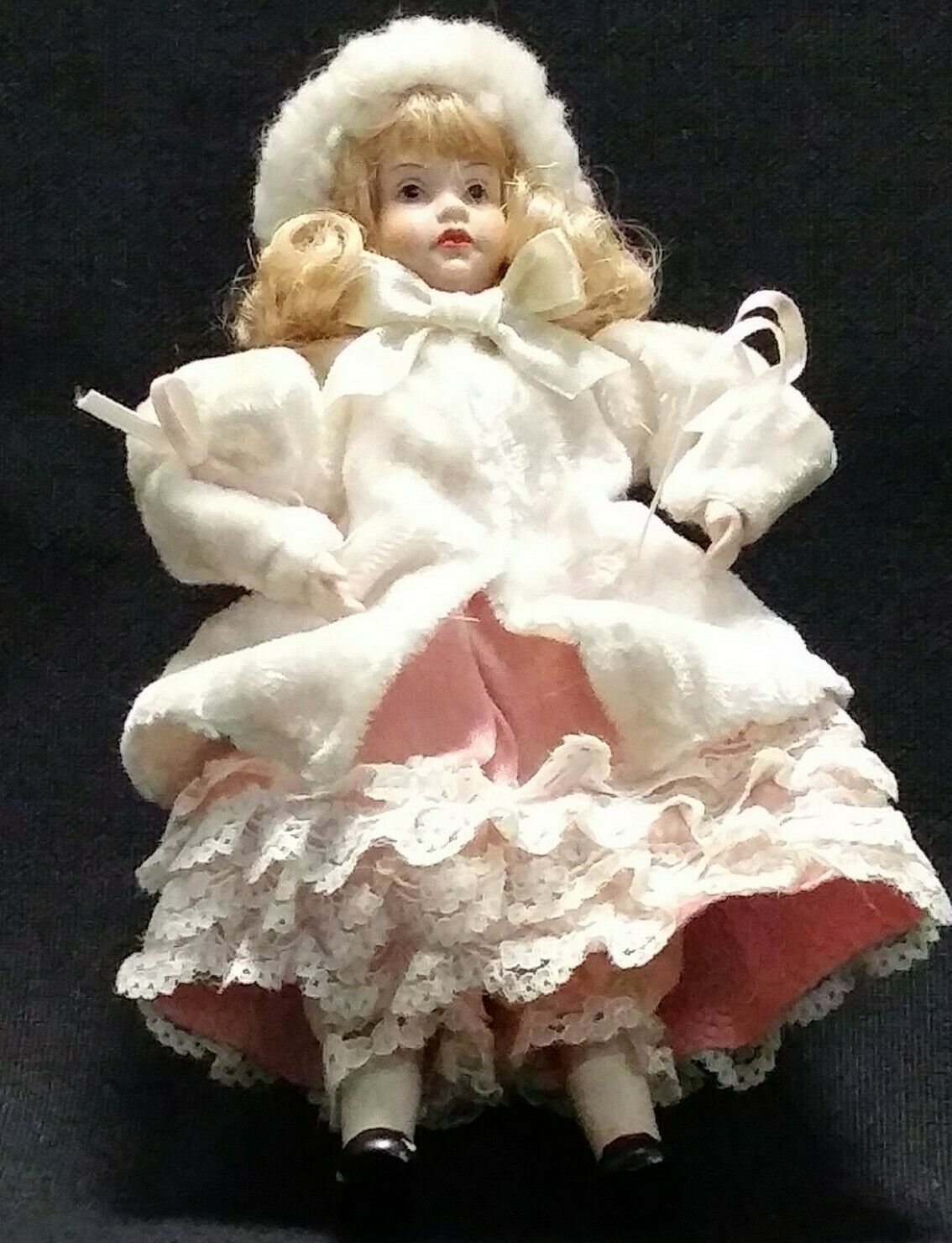 Vintage Doll 7" In Winter Coat And Hat Bisque Head Curly Hair