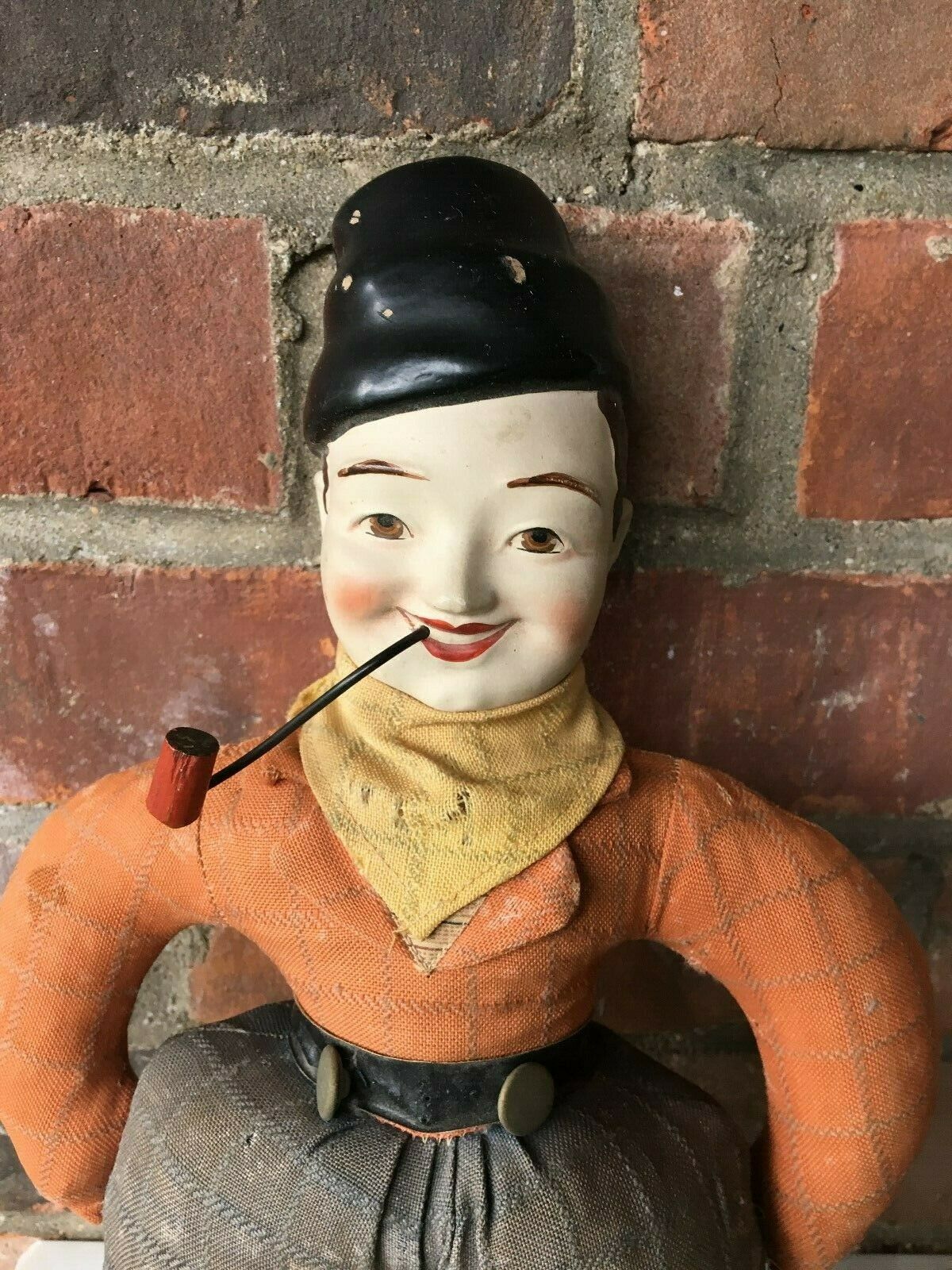 Vintage Wwii Bisque Male Dutch Peasant Doll Smoking A Pipe Wooden Shoes 14" 1945
