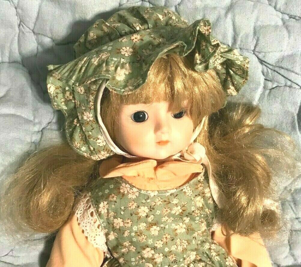 Vintage Musical 14-1/2" Bisque Doll W/cloth Body Clothes Blue Eyes Wind-up Rare